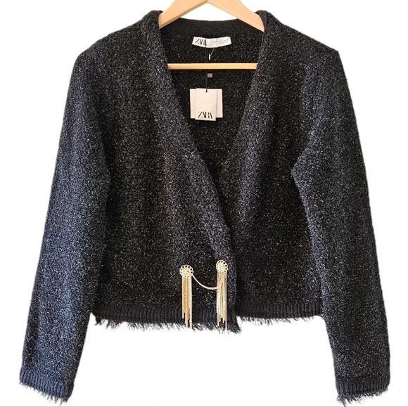NWT Zara Metallic Thread Knit Cropped Open Cardigan Jacket Black Size Medium. - Picture 1 of 16